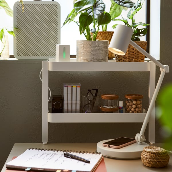 A white desktop shelf