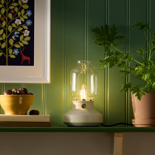 A beige TÄRNABY table lamp with a glass shade sits on a green shelf between a bowl of chestnuts and a green plant.