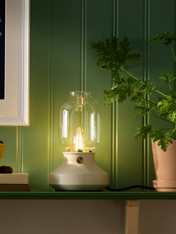 A beige TÄRNABY table lamp with a glass shade sits on a green shelf between a bowl of chestnuts and a green plant.