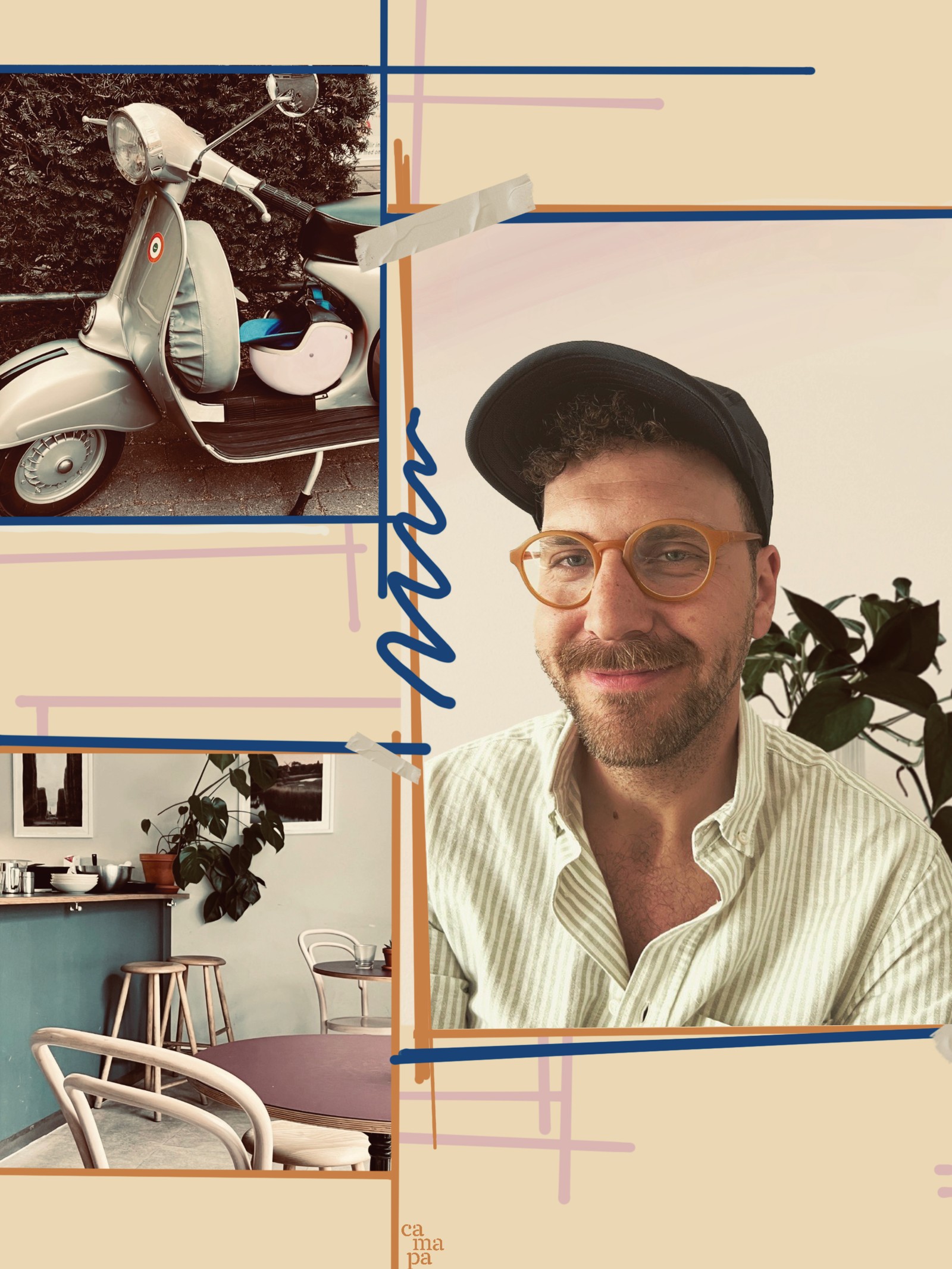 Kolaž s portretom na kom je Carlo i slikama pastelnih i prirodnih tonova.