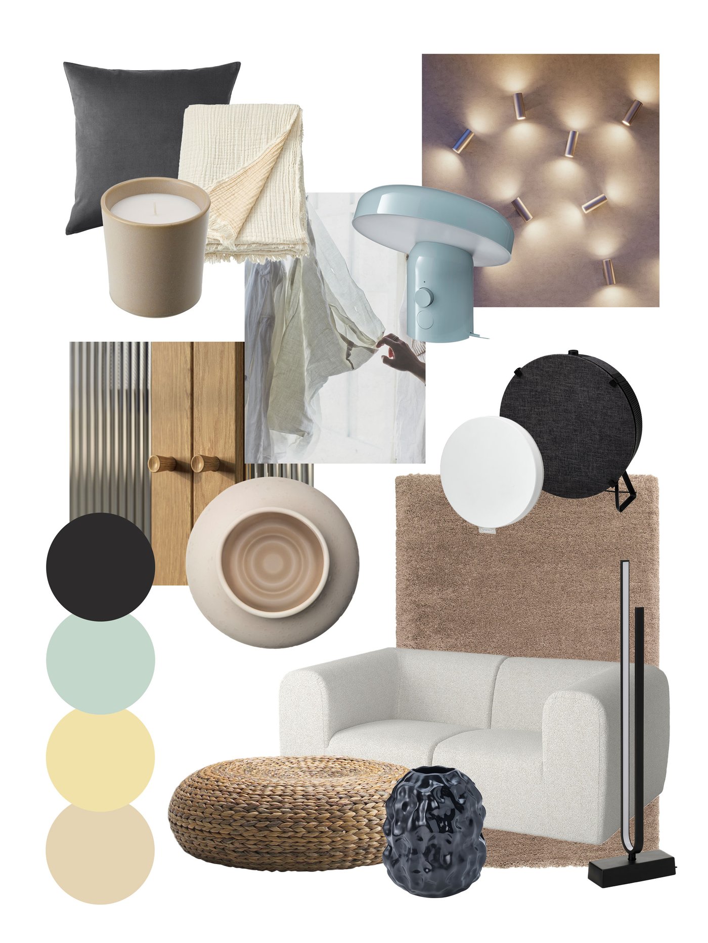 Moodboard med mjuka neutrala toner och minimalistisk stil: vit soffa, naturmaterial, ljusa textilier, runda former, modern belysning och lugn färgpalett.