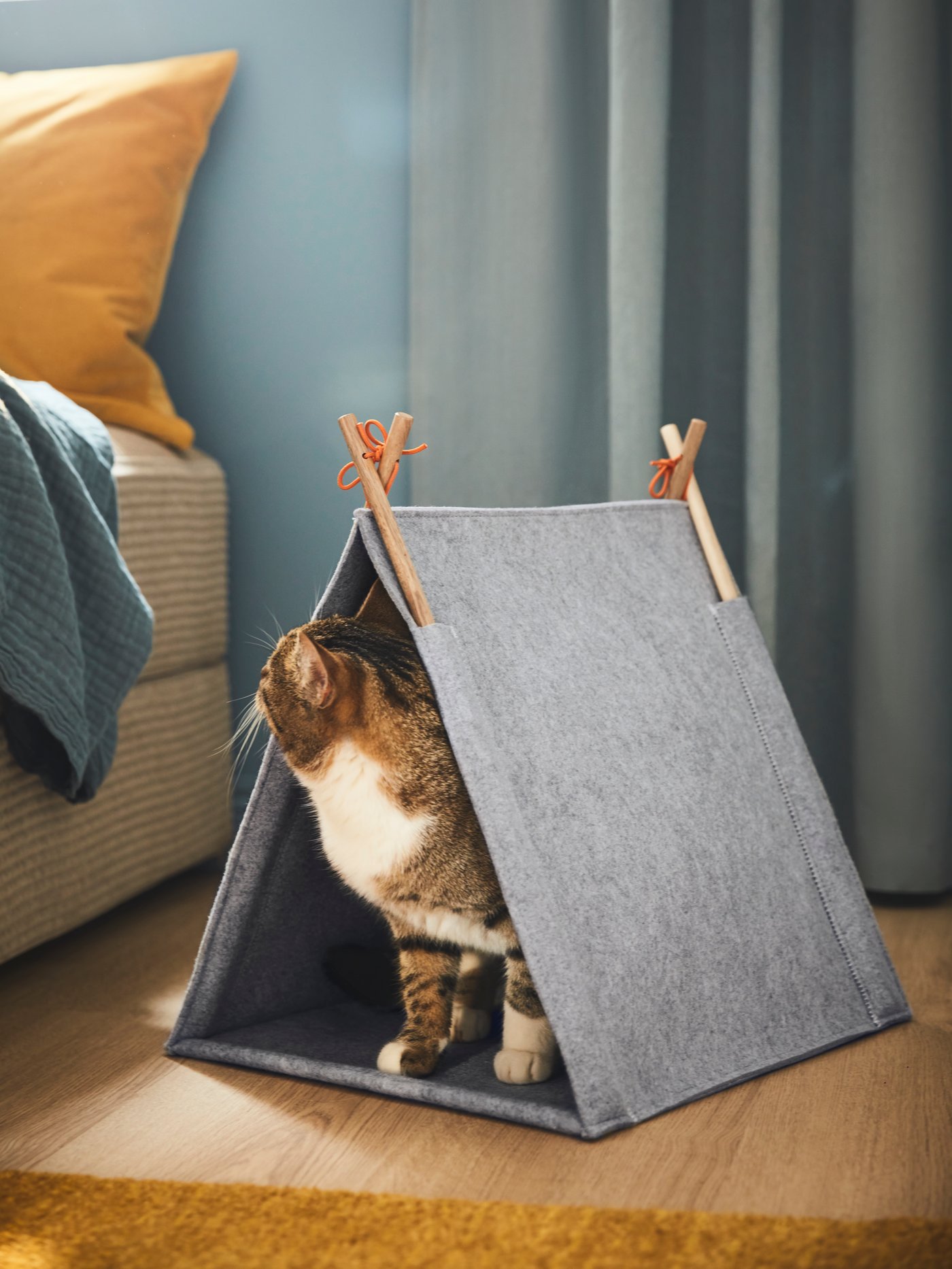 Katt sitter i ett grått UTSÅDD tygtepee på golvet bredvid en soffa med gul kudde och blå filt, med blå gardiner i bakgrunden.
