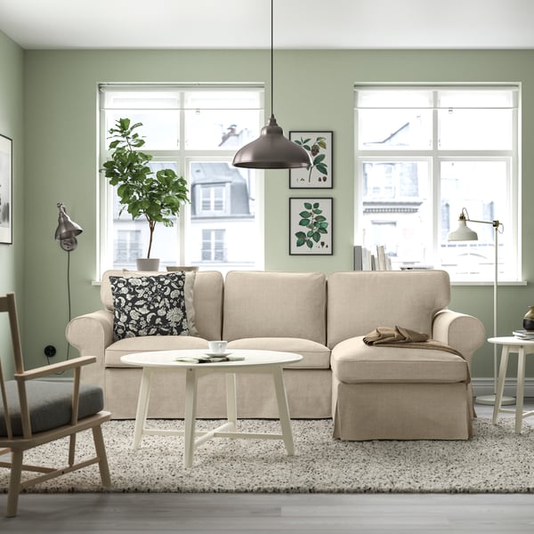 A Kilanda light beige EKTORP 3-seat sofa with chaise longue