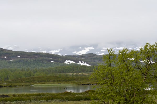 En landskapsbild över en sjö och ett berg.