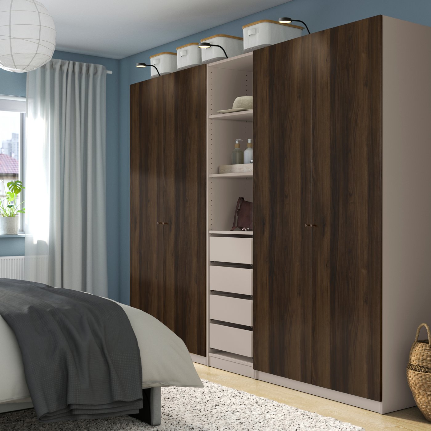 IKEA PAX / STORKLINTA garderobskombination, gråbeige/mörkbrun betsad ekeffekt, 250x58x201 cm