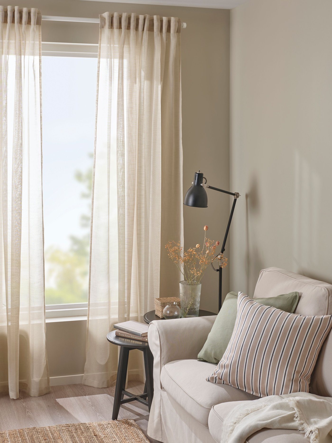 A light beige/with heading tape HÄLLEBRÄCKA sheer curtains, 1 pair