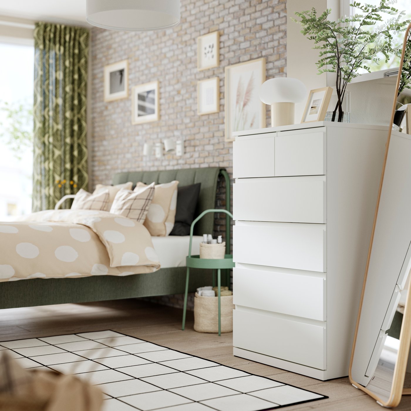 A white STORKLINTA chest of 6 drawers in the bedroom