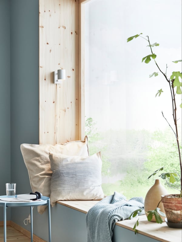 Two cushions on a windowsill, a coffee table, and a plant in a bright nook.