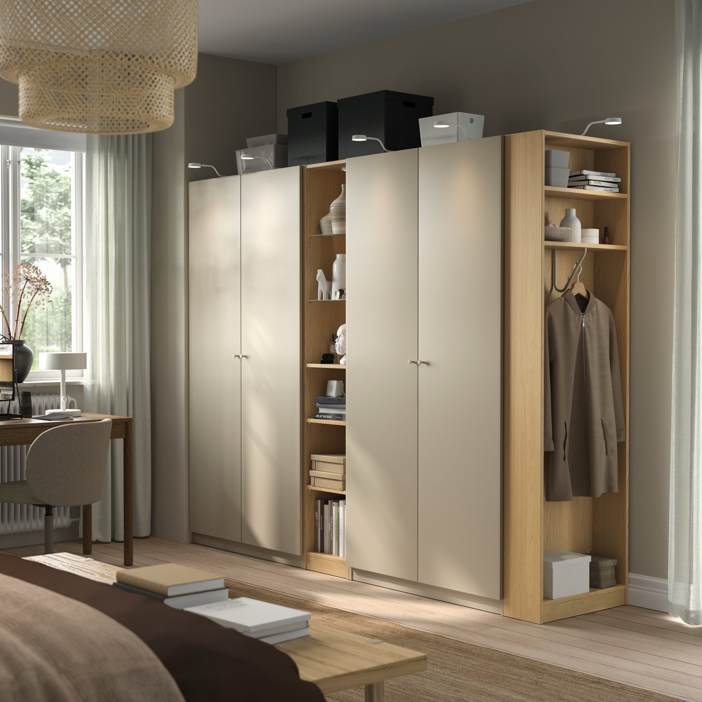 IKEA PAX / FORSAND garderobskombination, gråbeige gråbeige/ekmönstrad, 255x60x201 cm