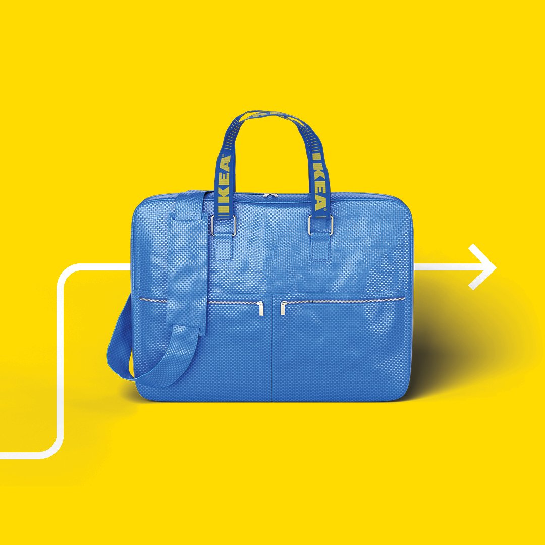 Bright blue IKEA-branded travel bag with handles and a shoulder strap, displayed against a solid yellow background with a white arrow graphic pointing to the right.