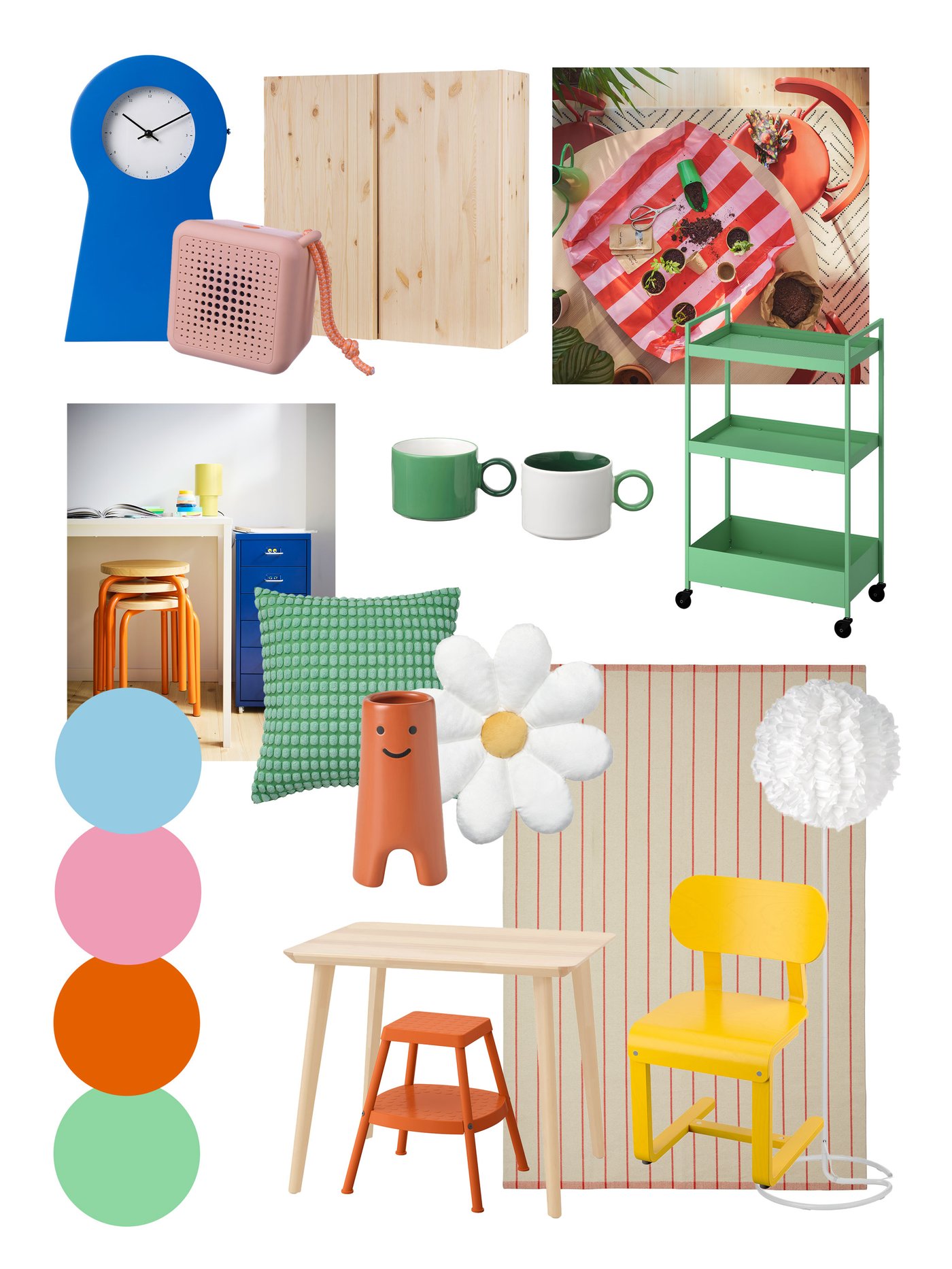 Lekfull moodboard med färgglada detaljer: blå klocka, grönt rullbord, gula och orange stolar, randig bakgrund, blommig kudde och pastellfärgad palett.