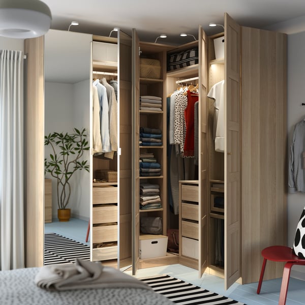 PAX corner wardrobe 236.4 cm white stained oak effect/oak veneer in the bedroom