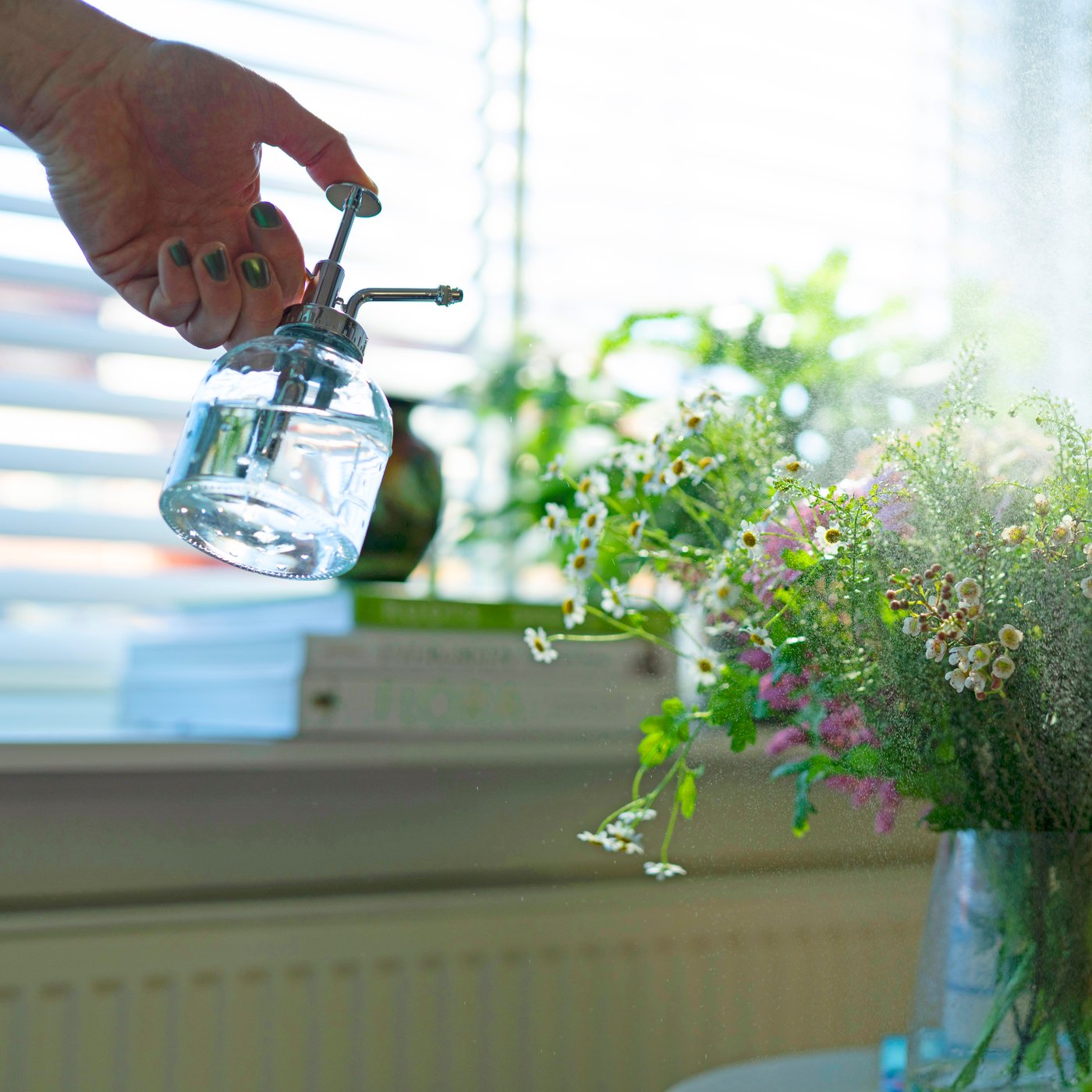 A hand uses a SESAMFRÖN plant mister to spray water mist on fresh flowers in a BERÄKNA vase.