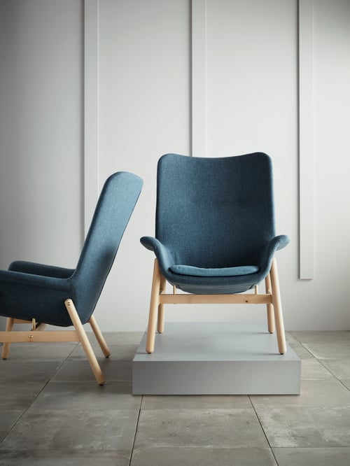 Living room with white wall, concrete floor, two high-back armchairs, one placed on the floor sideways, the other on a box.