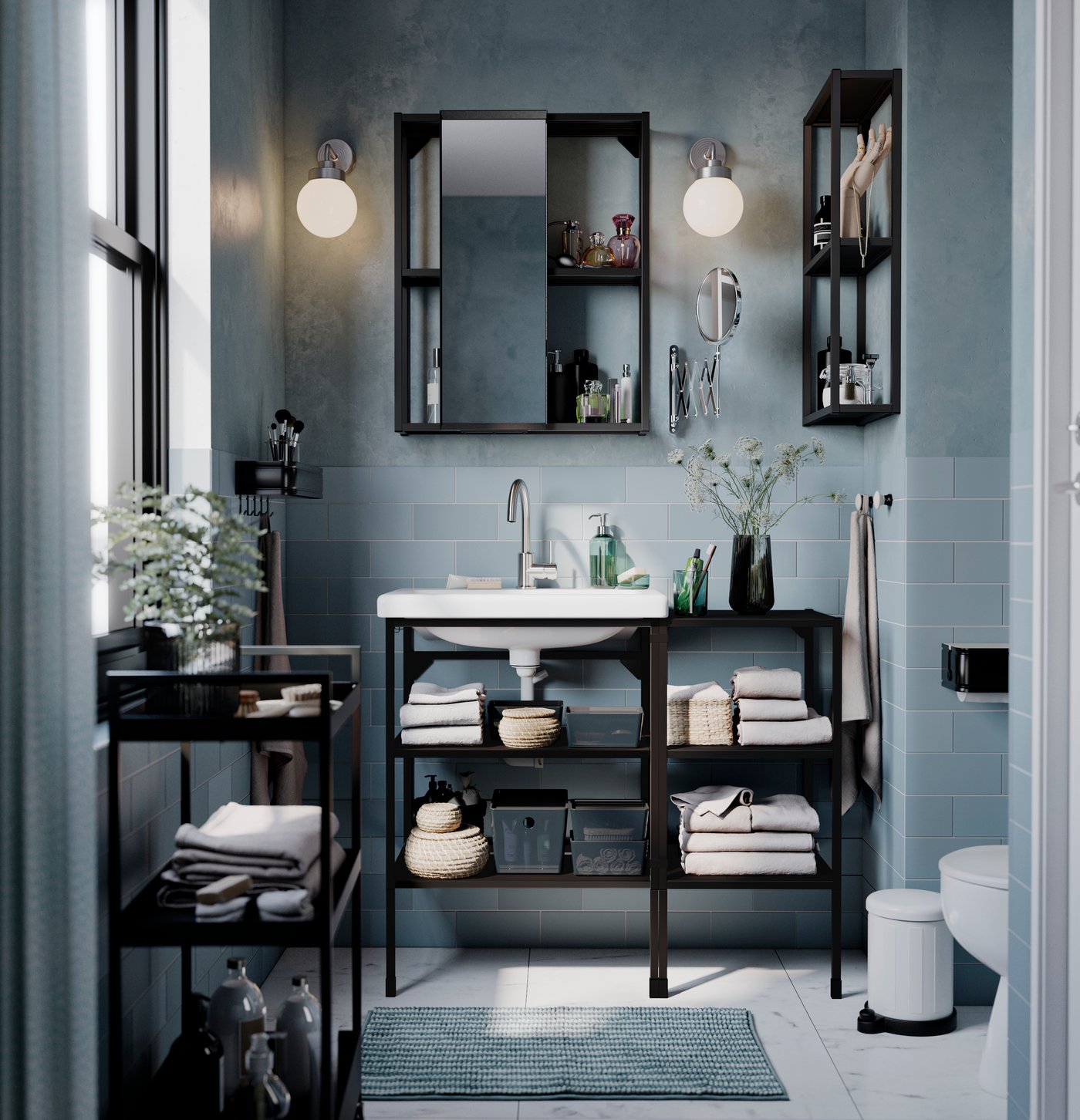 ENHET laundry combination open shelving in laundry room with washing machine and racks with clothes and shoe rack.