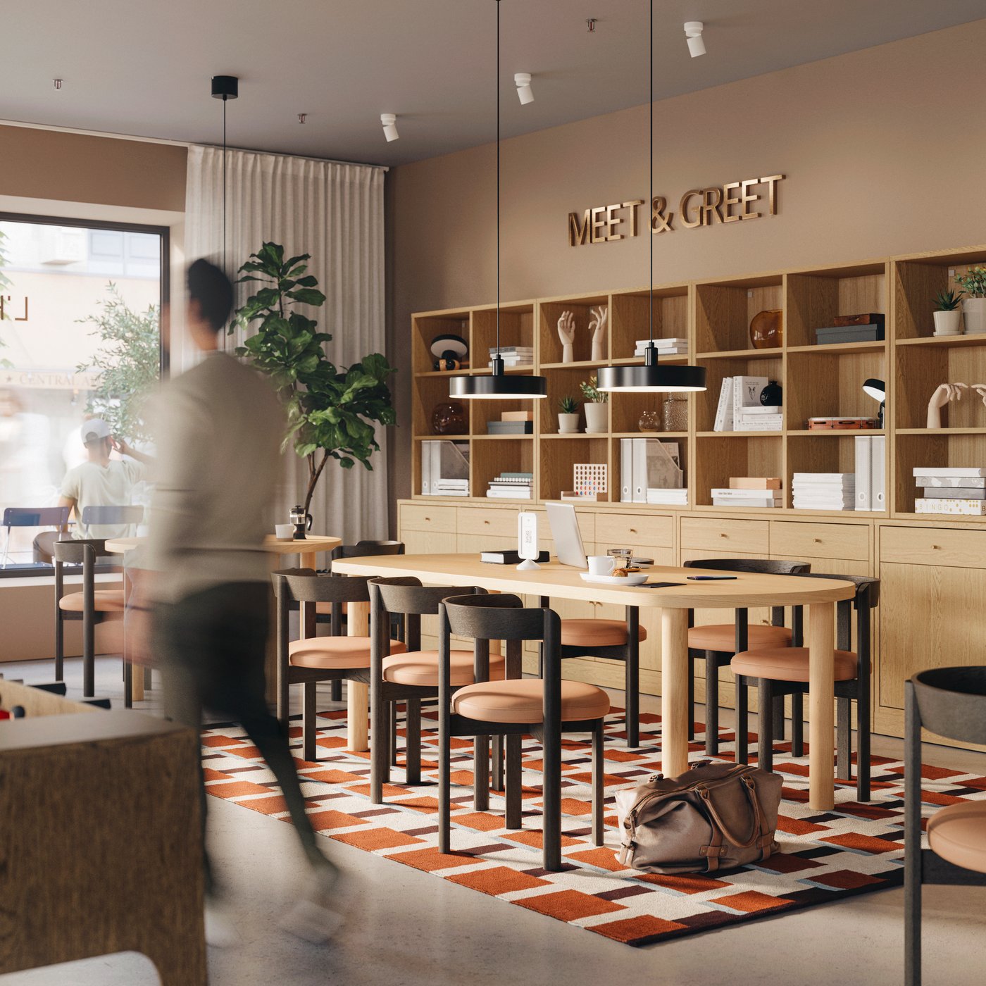 Meet-and-greet area in a hotel lobby with TONSTAD oak storage combinations, tables, chairs, and a man walking past the space.