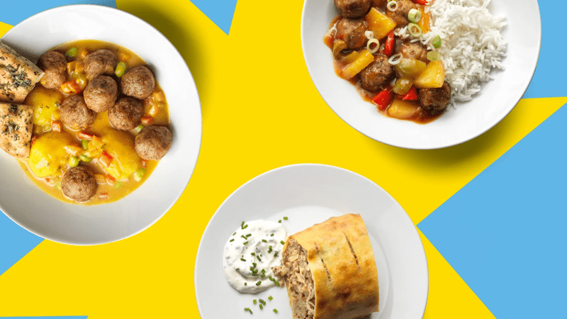 3 verschiedene Bällchengerichte auf einem gelb-grünen Hintergrund