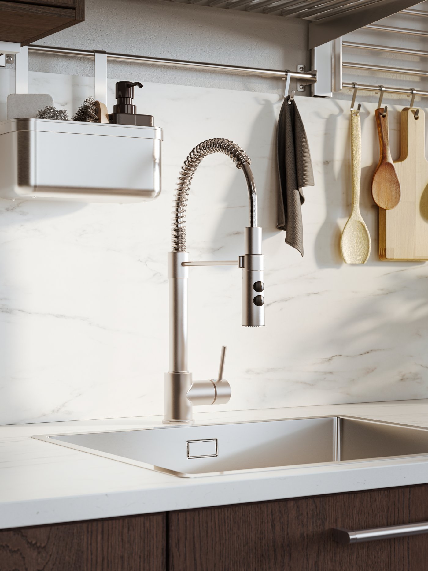 VIMMERN kitchen mixer tap/handspray on a white countertop, under a stainless steel KUNGSFORS rail with hooks and a container.
