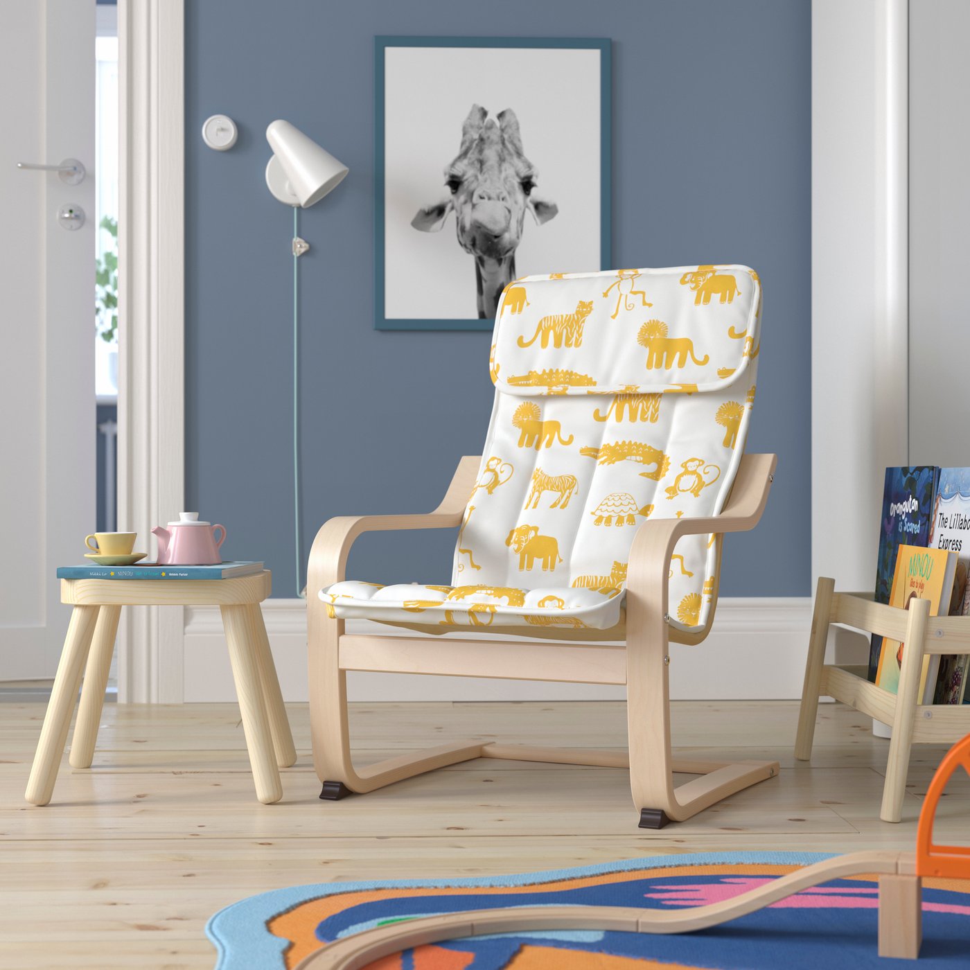 A birch veneer/Skogbo animal pattern POÄNG children's armchair