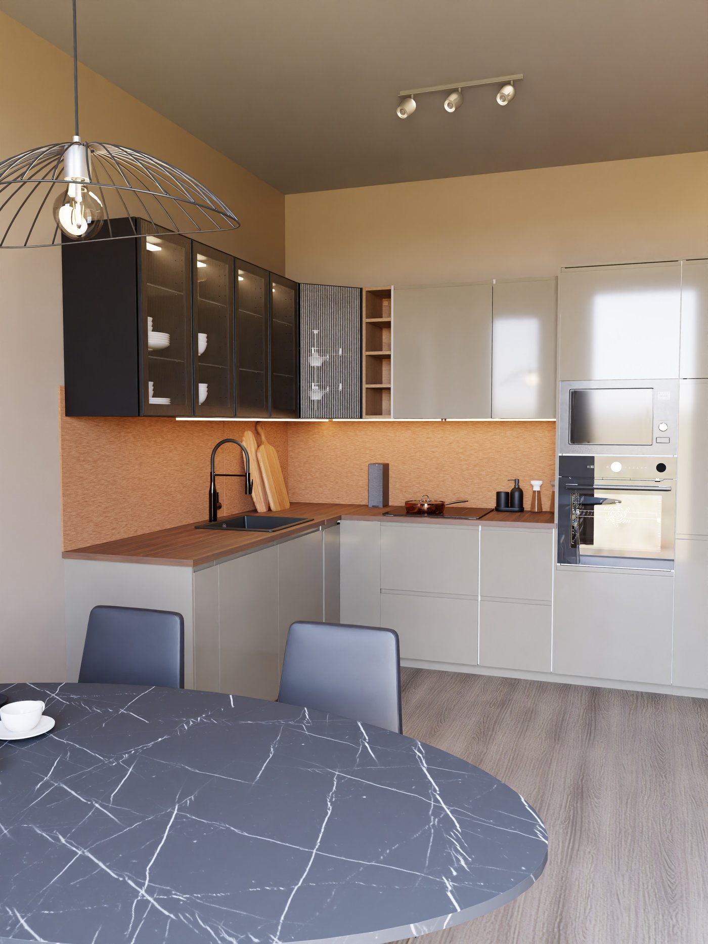 Eckküchenzeile mit Fronten in hochglanz beige mit Wandschränken und dem Backofen im  Hochschrank sowei einer bronzefarbenen Rückwand.