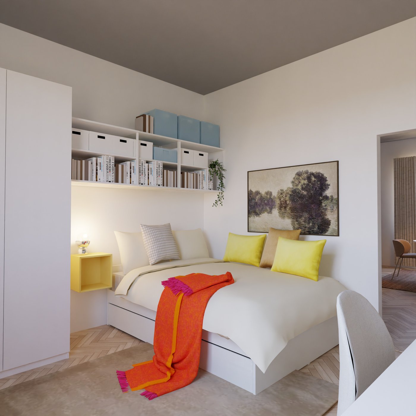 Bett Schlafzimmer mit Kissen und Aufbewahrung.