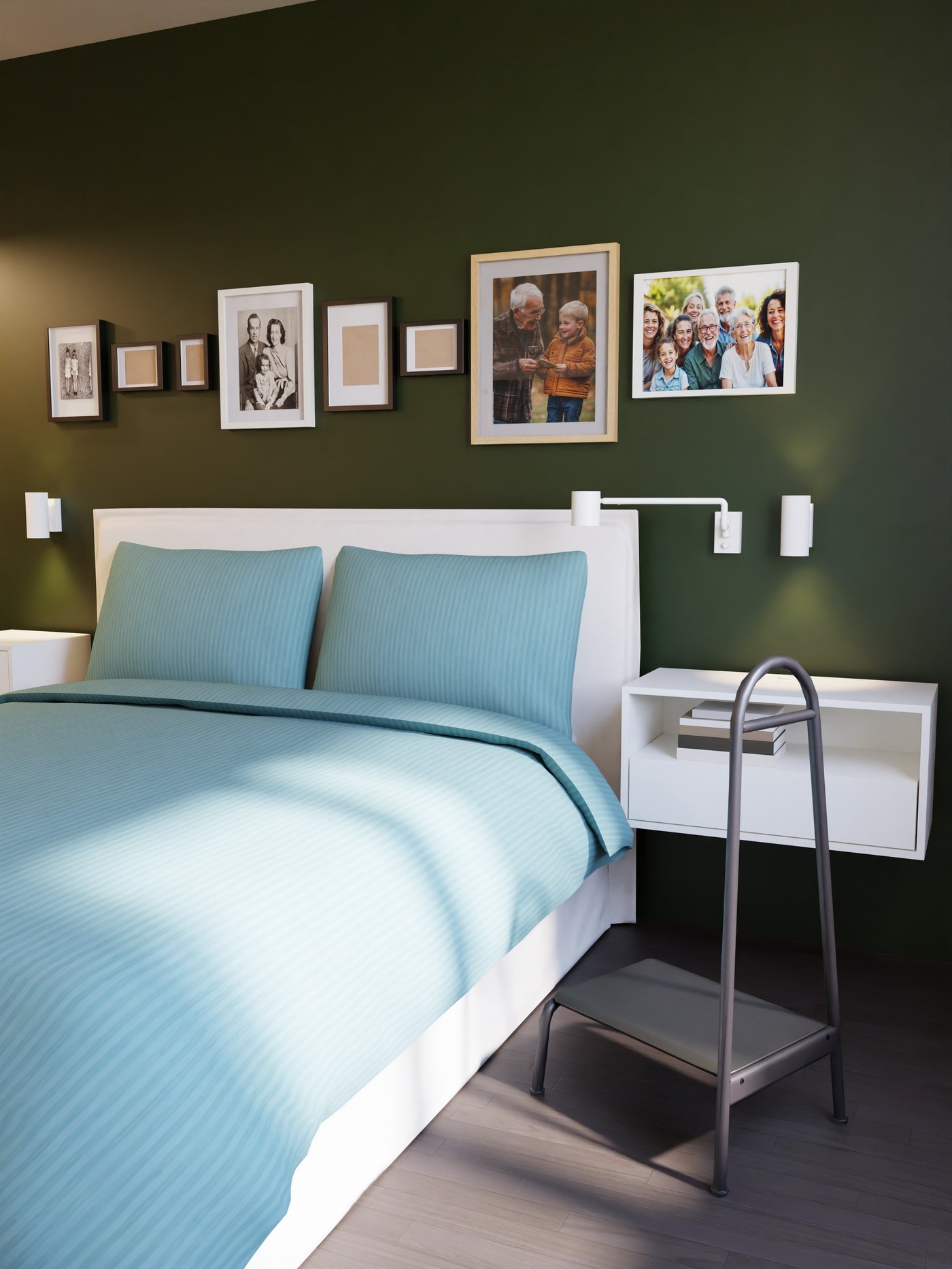 hohes Bett mit waschbarem Bezug und Bildergalerie an der Wand