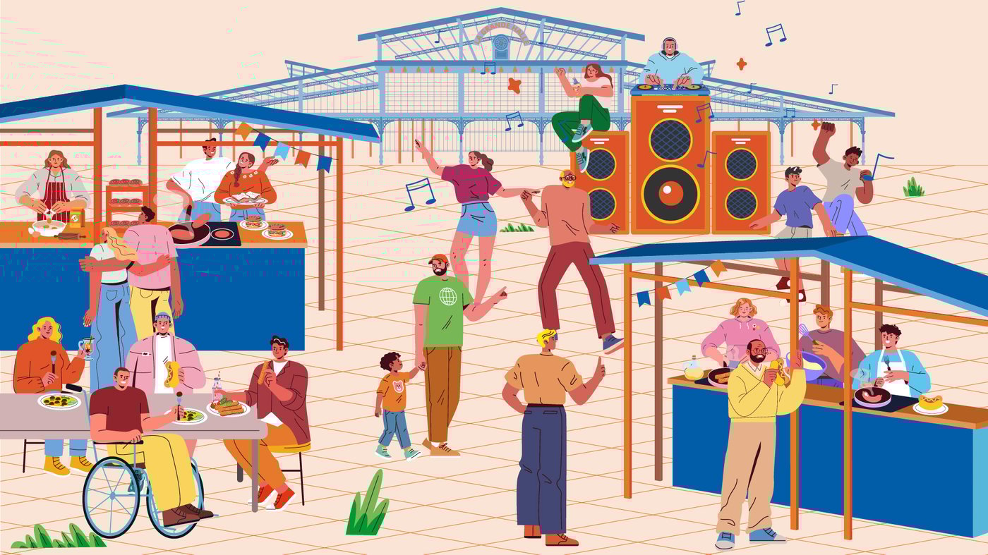 Illustration de plusiuers personnes présentes à un festival culinaire et musique.