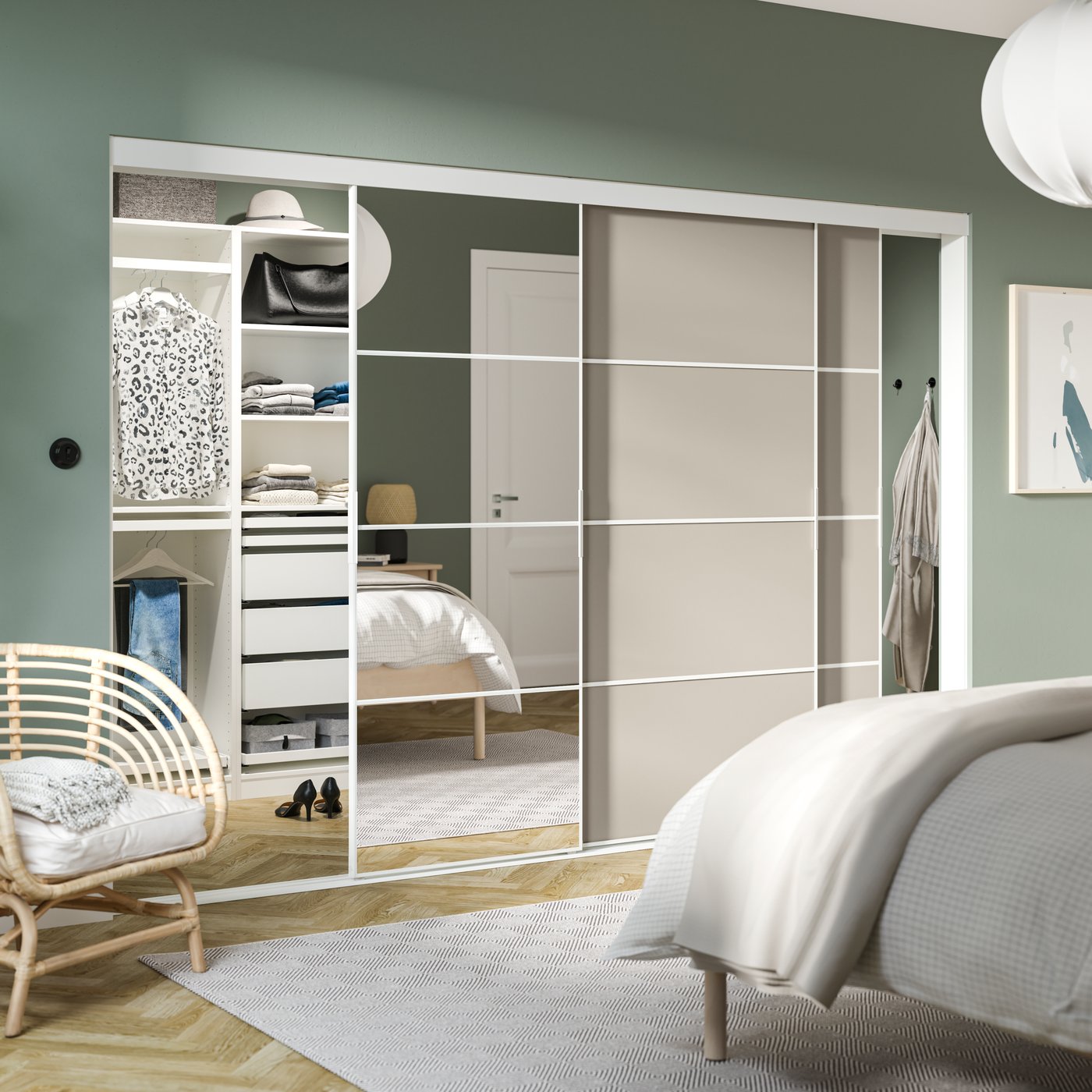 A white Mehamn/Auli/grey-beige mirror glass PAX walk-in wardrobe with sliding doors