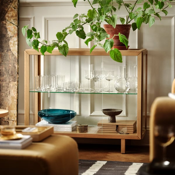 Una vitrina con marco de madera y puertas de vidrio en un living y sobre ella un macetero con una gran planta.