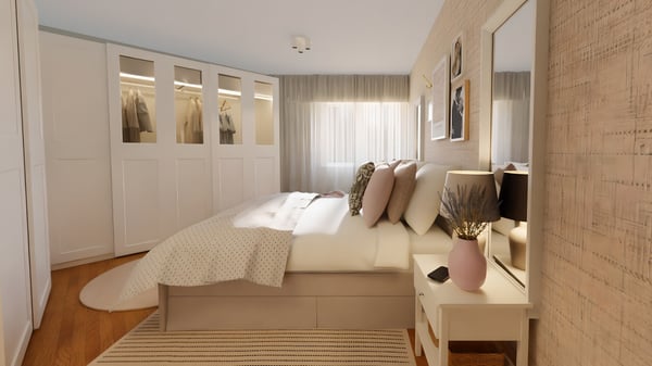 Projeto de design de interiores de quarto com cama de casal, mesas de cabeceira HEMNES e roupeiros PAX com portas brancas e em vidro.