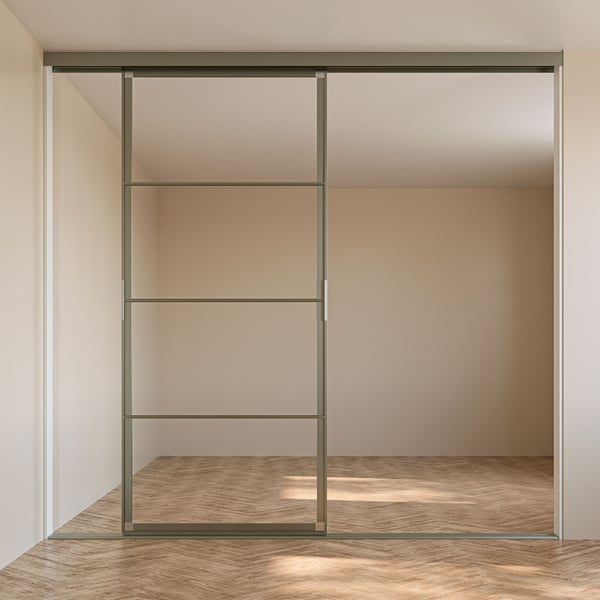 A SKYTTA sliding door solution with an aluminium sliding door frame and aluminium rails for sliding door frame.