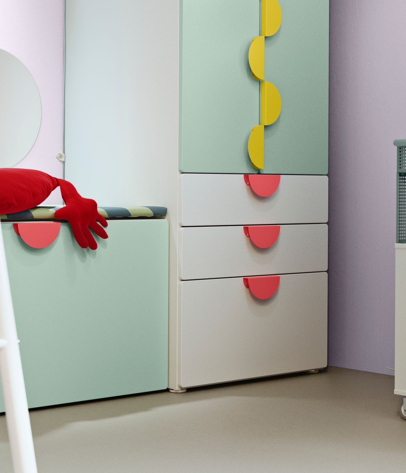 White and light green storage units from the SMÅSTAD system