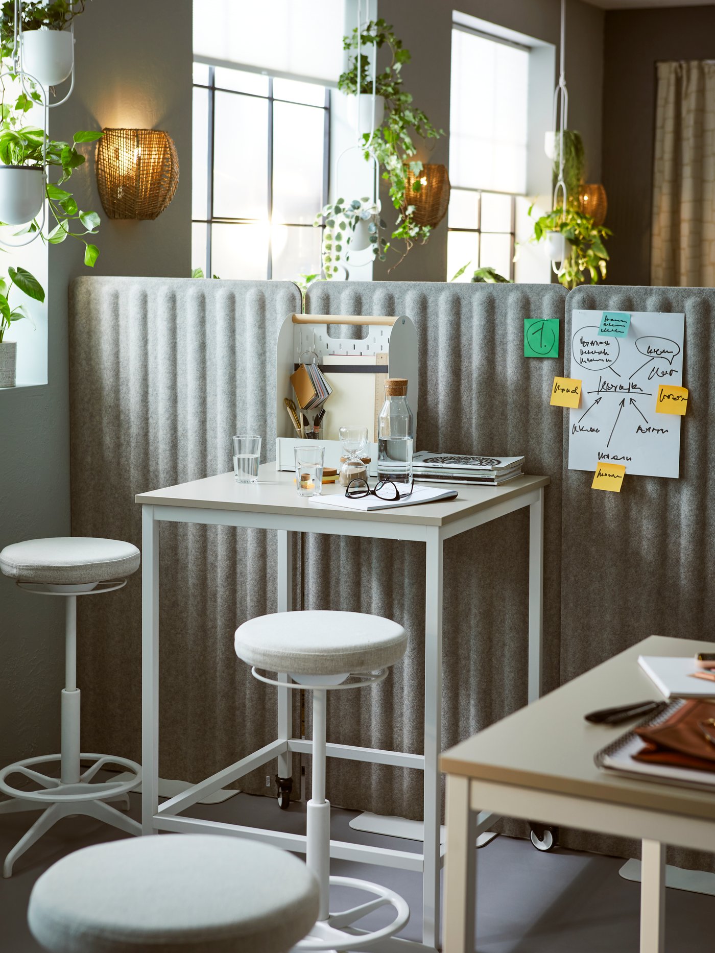 TROTTEN tables and LIDKULLEN active sit-stand supports placed next to a room divider formed by EILIF free-standing screens.