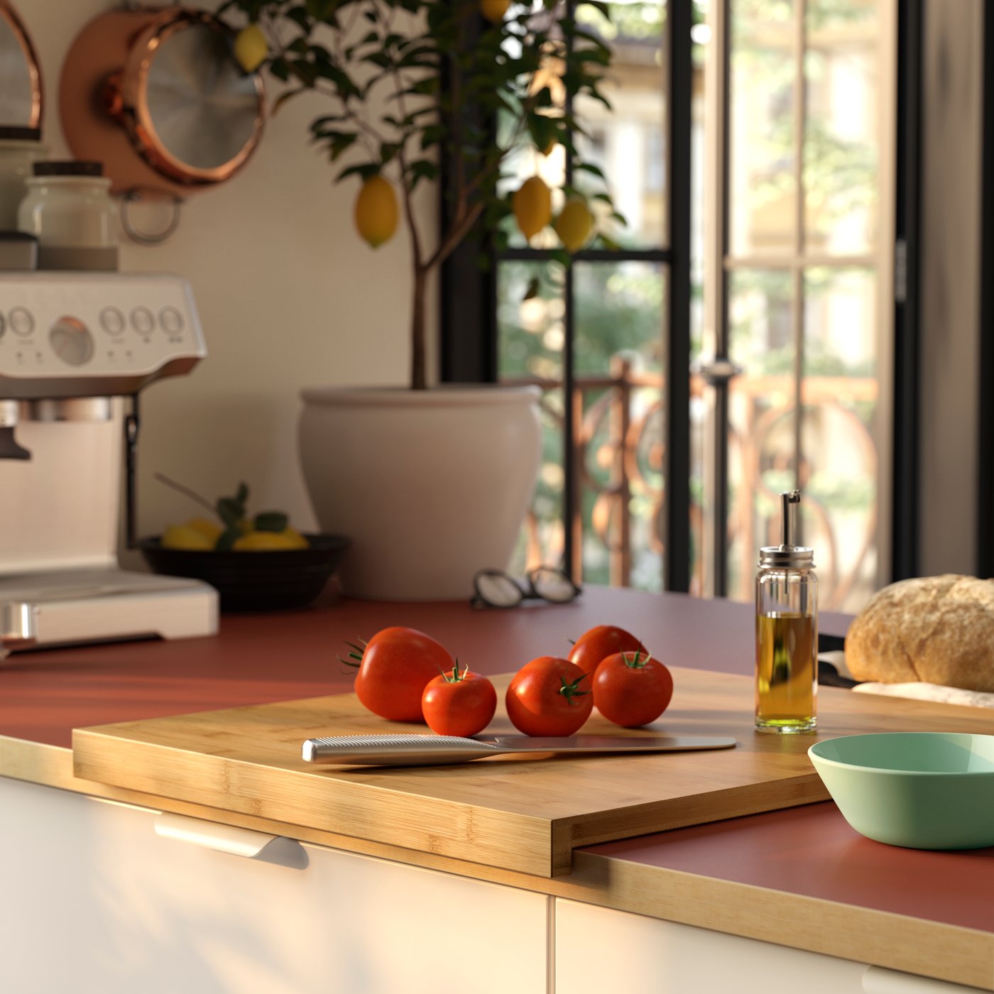 A modern kitchen with a white countertop, featuring a set of fresh tomatoes and a glass oil dispenser, brightened by sunlight.