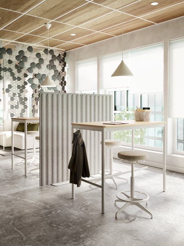 A white high table with a jacket hanging on a hook, four white active sit/stand support chairs and grey felt screens.