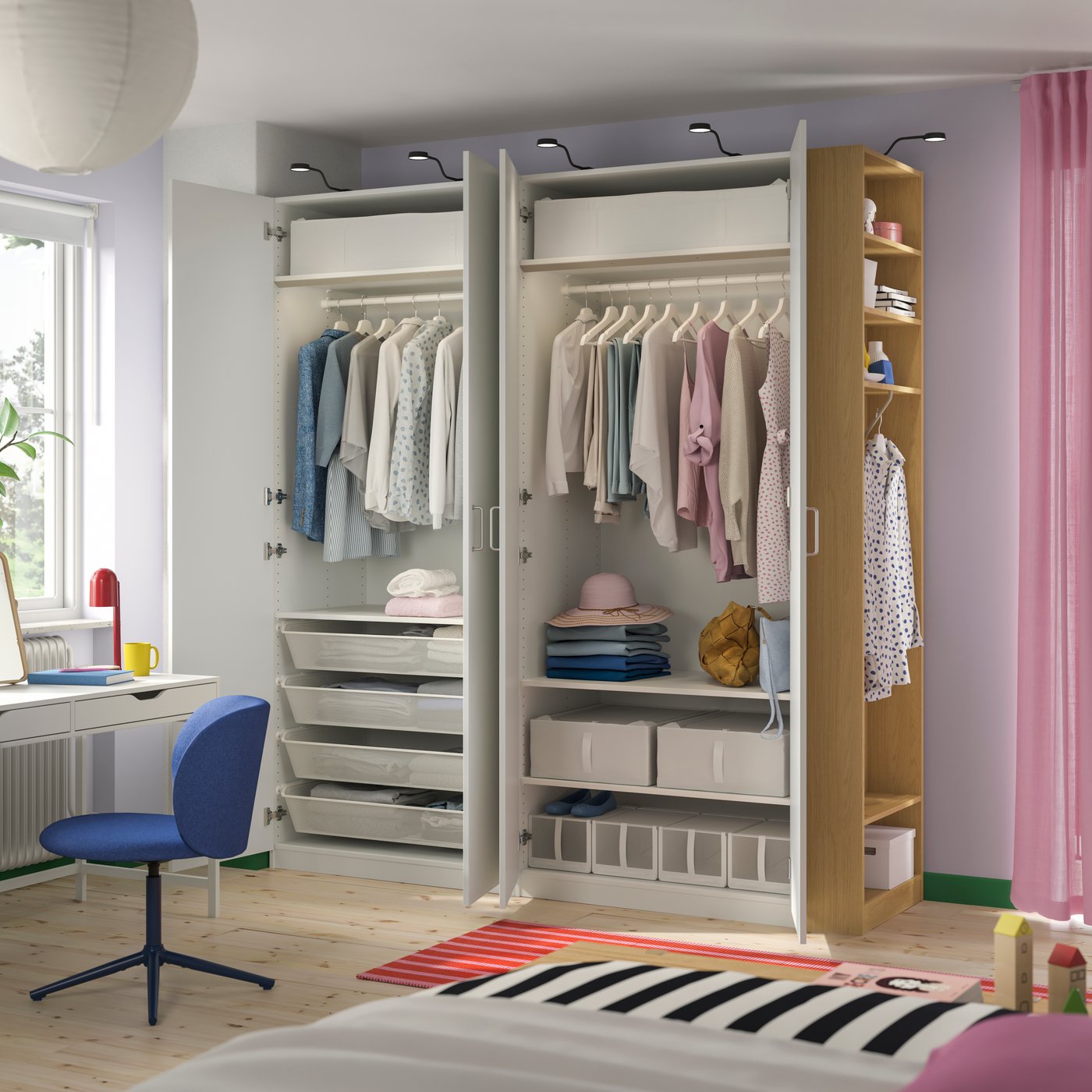 A white white/oak effect PAX wardrobe combination