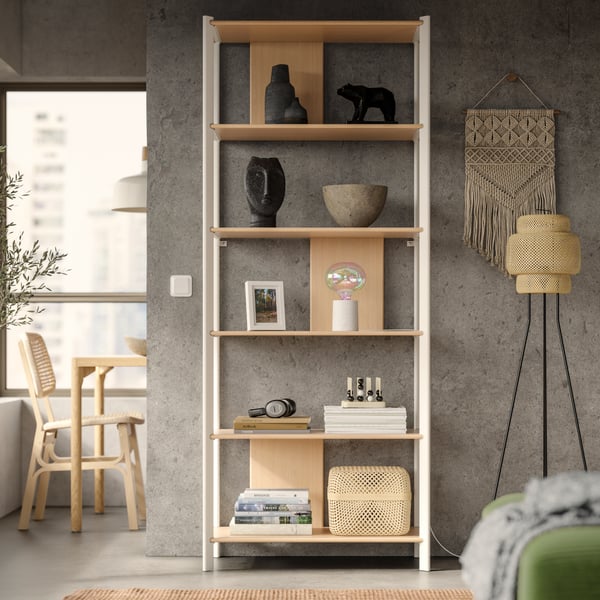 A white/light bamboo JÄTTESTA shelving unit