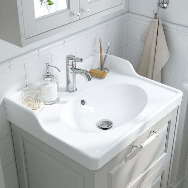 A white RUTSJÖN wash-basin with water trap