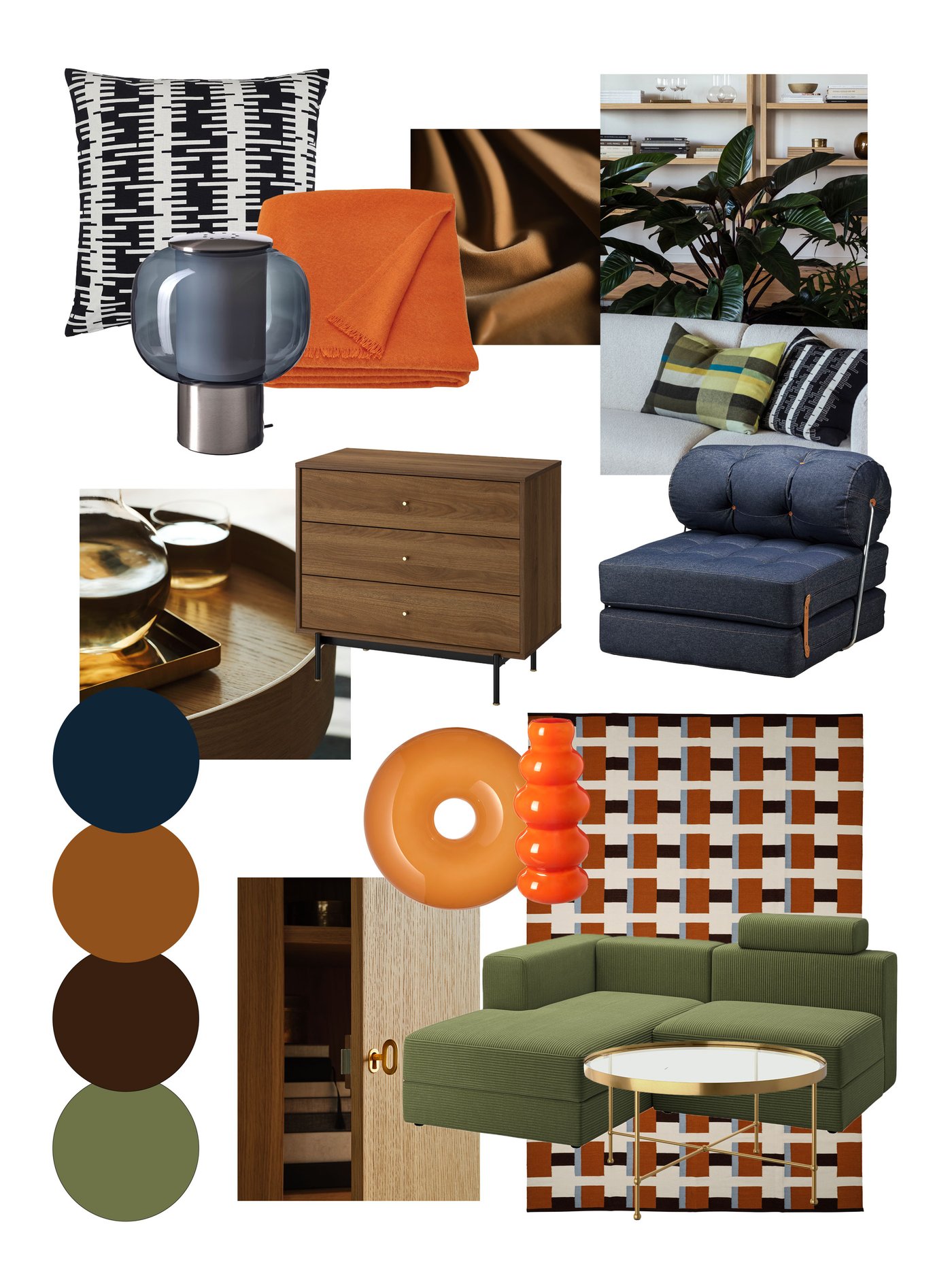Moodboard med retroinspirerad inredning i jordnära toner: grönt hörnsoffa, blå fåtölj, orange detaljer, träbyrå, grafiska mönster och glasvas. I det nedre vänsta hörnet är fyra cirklar i olika färger; mörkblått, karamellbrunt, mörkbrunt och grönt.