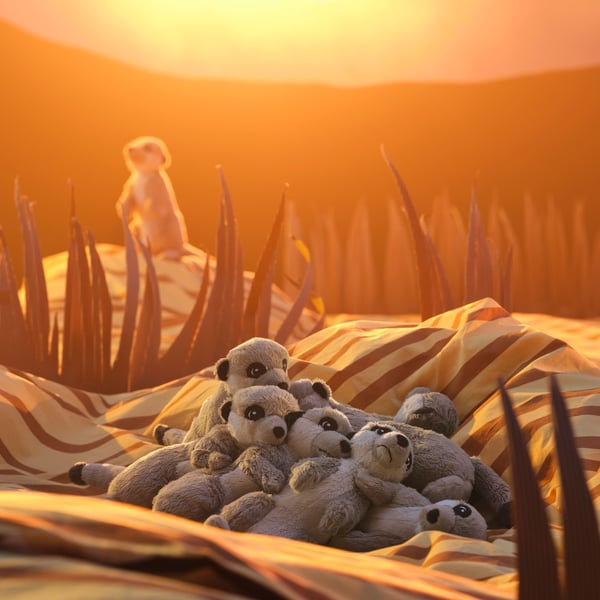 A meerkat/beige SANDLÖPARE soft toy outside