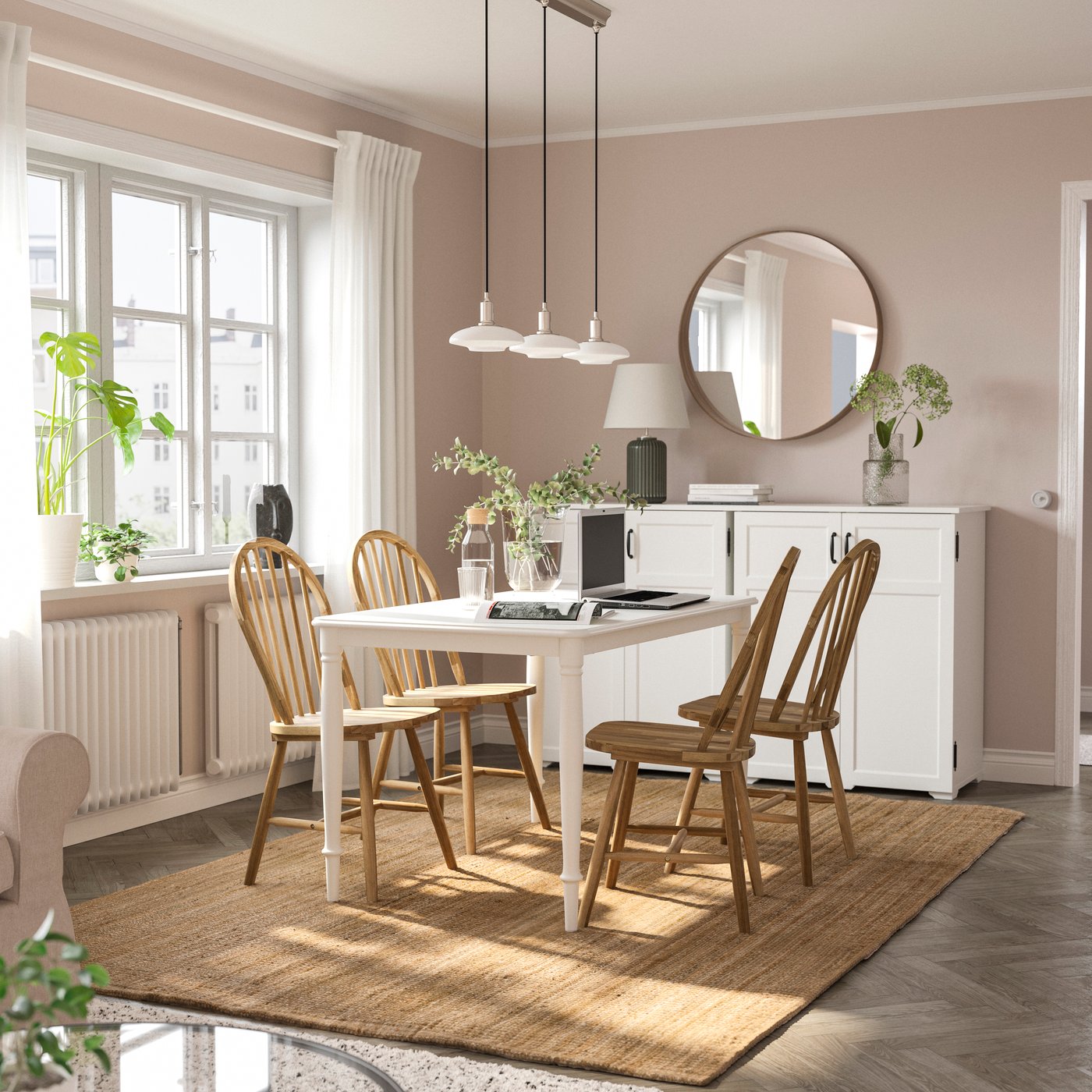 IKEA DANDERYD / SKOGSTA bord och 4 stolar, vit/akacia, 130 cm