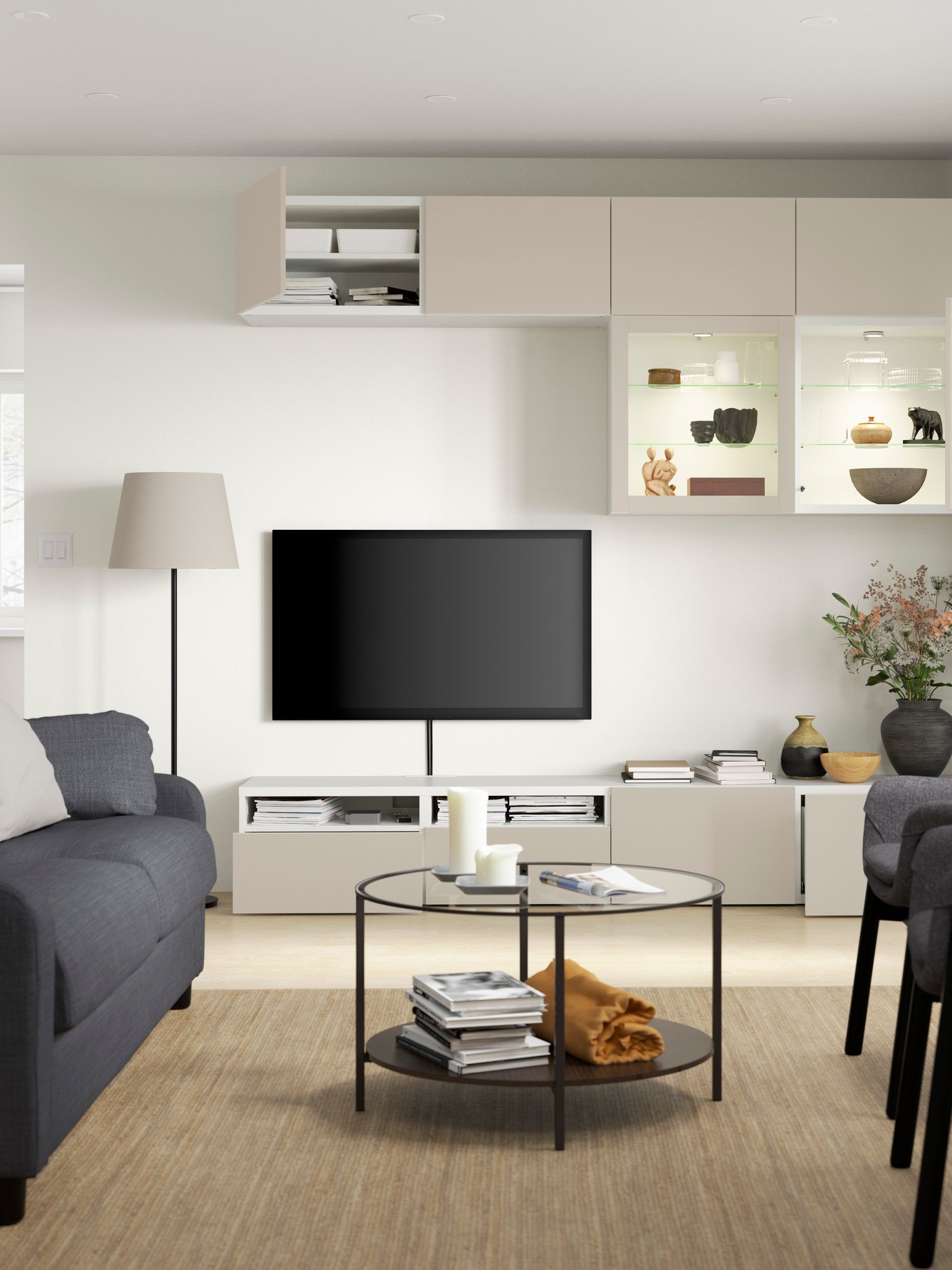 A white Sindvik/Lappviken light grey/beige BESTÅ TV storage combination/glass doors