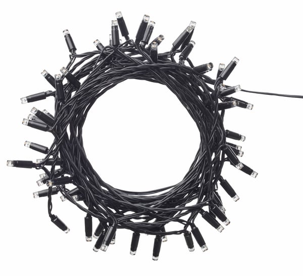 Outdoor LED lighting chains on white background.