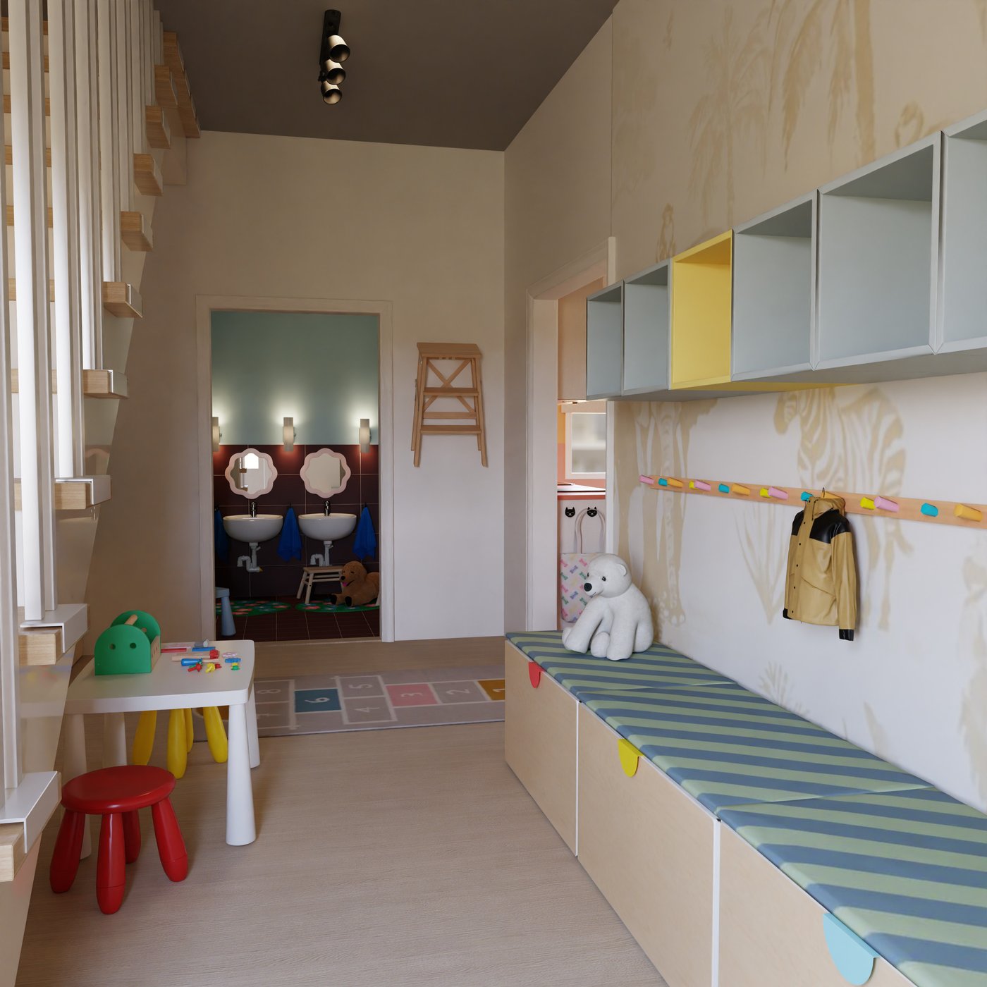 gut organisierter Flur mit Bänken und Aufbewahrung für die Sachen der Kinder