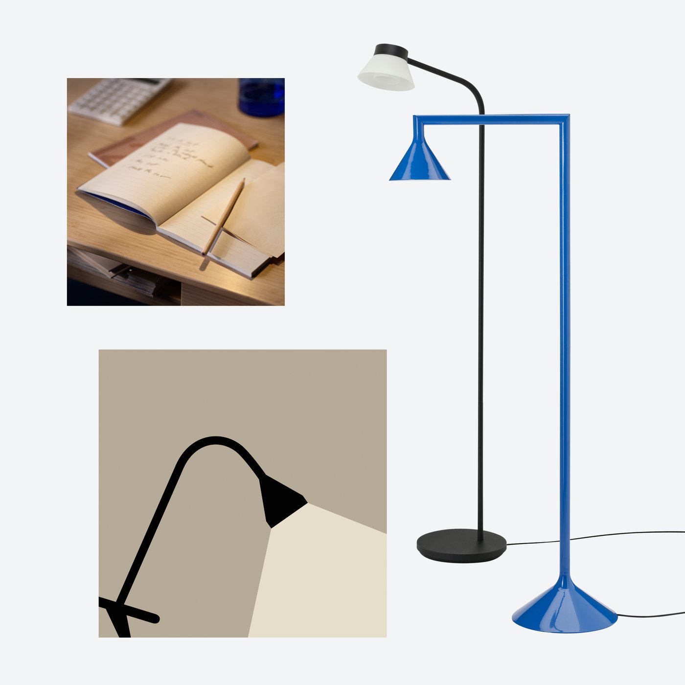 A shopping spread with blue IKEA PS floor uplighter and black SAMBORD floor/reading lamp.