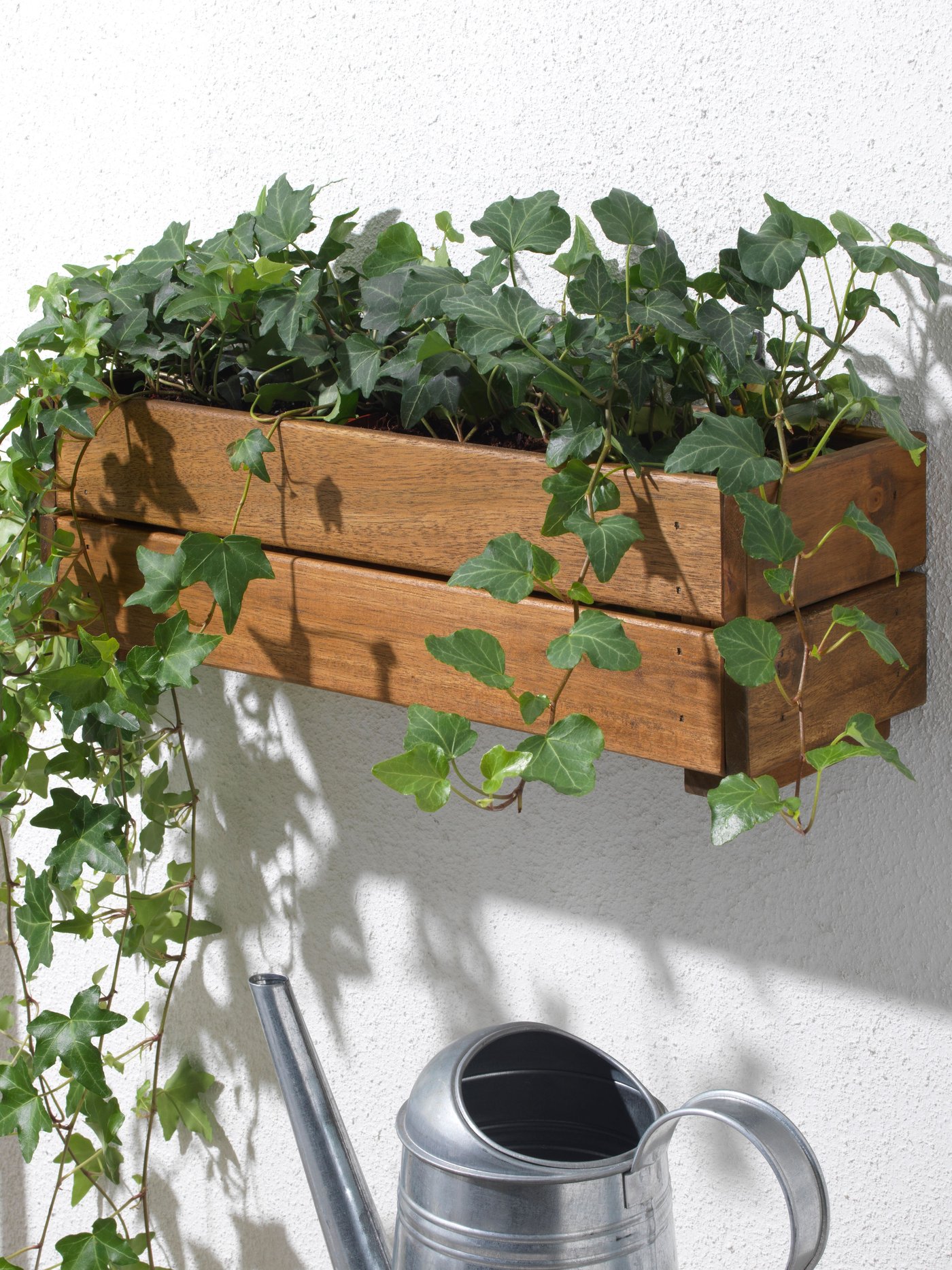 An outdoor acacia STJÄRNANIS flower box with green hedera helix plants.