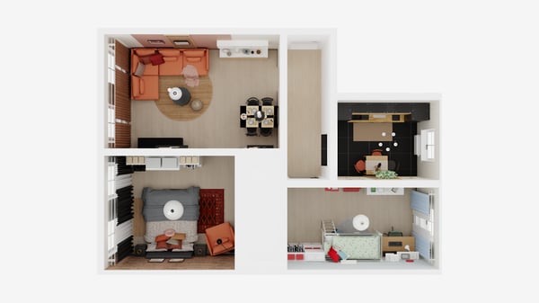 Widok 3D pomiesczenia z góry.