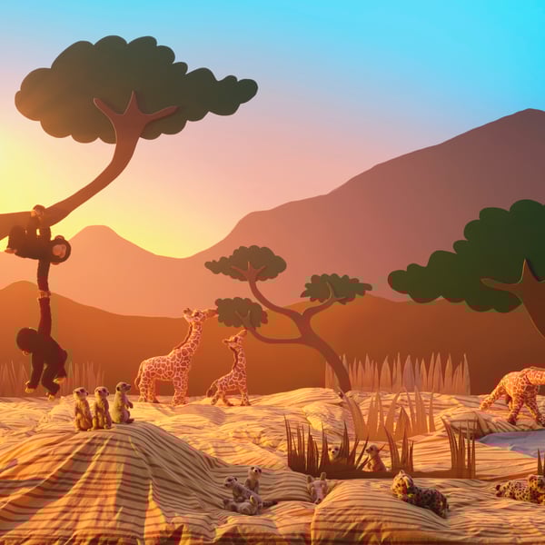 Kolekcja pluszaków SANDLÖPARE na tle sawanny.