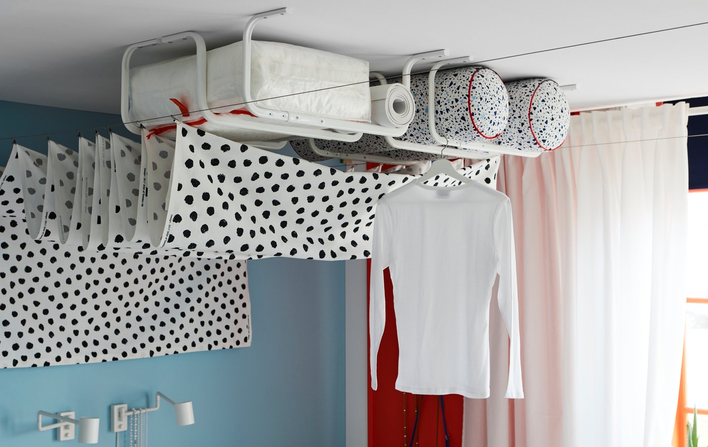 A white/black SKÄGGÖRT fabric in the bedroom