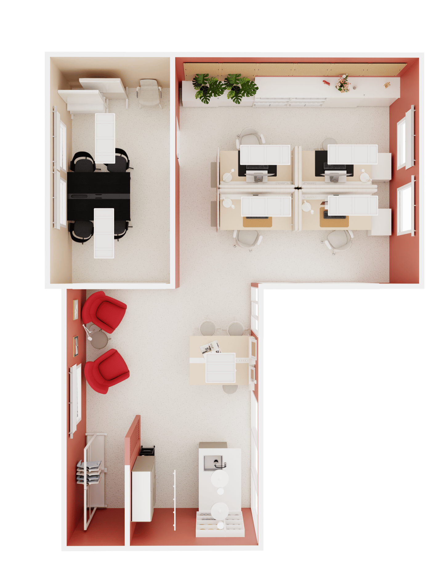 Draufsicht eines Büro-Grundrisses mit verschiedenen Zonen: Küche, offenes Büro, Besprechungs- und Loungebereich.